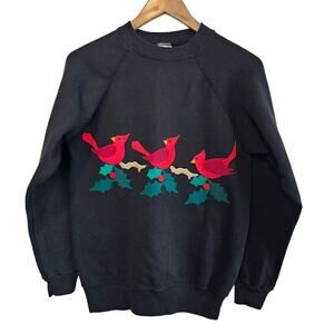 Vintage Christmas Cardinal Sweatshirt Womens Med Black 90s Birds Holiday Granny